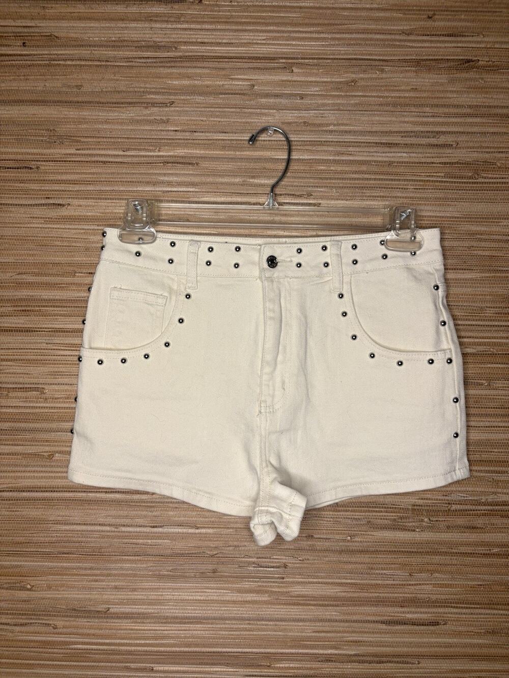 Never Fully Dressed Women’s Studded Denim Micro Shorts 12” Off White Sz 6